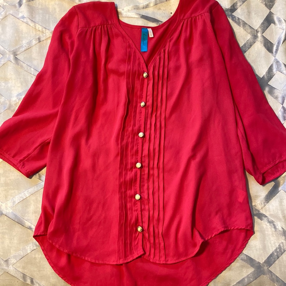 Hot pink shirt with gold buttons from Francesca’s